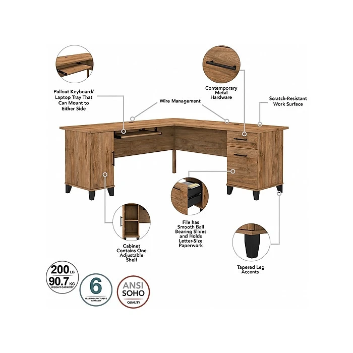 Bush Furniture Somerset 72" L-Shaped Desk with Hutch, Lateral File Cabinet & 5-Shelf Bookcase in Fresh Walnut - Complete Workspace Solution 3 Bush Furniture Somerset 72" L-Shaped Desk with Hutch, Lateral File Cabinet & 5-Shelf Bookcase in Fresh Walnut - Complete Workspace Solution - Image 3