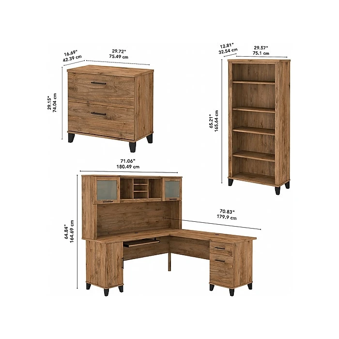 Bush Furniture Somerset 72" L-Shaped Desk with Hutch, Lateral File Cabinet & 5-Shelf Bookcase in Fresh Walnut - Complete Workspace Solution 5 Bush Furniture Somerset 72" L-Shaped Desk with Hutch, Lateral File Cabinet & 5-Shelf Bookcase in Fresh Walnut - Complete Workspace Solution - Image 5