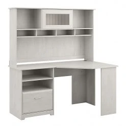 Bush Furniture Cabot 60" Corner Desk With Hutch, Linen White Oak - Space-Saving Laminated Wood Office Furniture (CAB008LW)