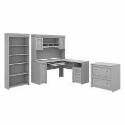 Computer Office Desks Shop 11 Bush Furniture Fairview 60" L-Shaped Desk with Hutch, File Cabinet & 5-Shelf Bookcase | Cape Cod Gray | Laminated Wood Office Furniture