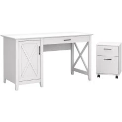 Computer Office Desks Shop 7 Bush Furniture Key West 54" Computer Desk Bundle in Pure White Oak | Durable Laminated Wood Design