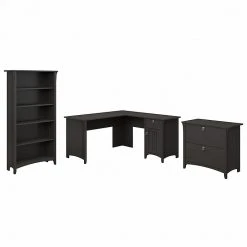 Bush Furniture Salinas 60W L-Shaped Desk with Lateral File Cabinet & 5-Shelf Bookcase - Vintage Black (SAL003VB)