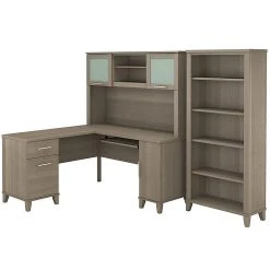 Bush Furniture Somerset 60W L-Shaped Desk with Hutch & 5-Shelf Bookcase, Ash Gray - Space-Saving Workspace Solution