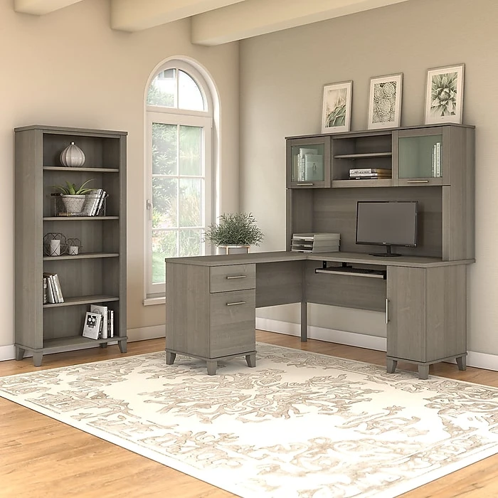 Bush Furniture Somerset 60W L-Shaped Desk with Hutch & 5-Shelf Bookcase, Ash Gray - Space-Saving Workspace Solution 2 Bush Furniture Somerset 60W L-Shaped Desk with Hutch & 5-Shelf Bookcase, Ash Gray - Space-Saving Workspace Solution - Image 2