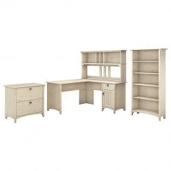 Bush Furniture Salinas 60W L-Shaped Desk with Hutch, File Cabinet & Bookcase - Antique White