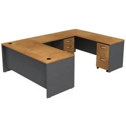 Bush Business Furniture Westfield U-Shaped Desk with 2 Mobile Pedestals - Natural Cherry Laminate