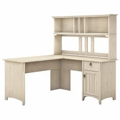 Bush Furniture Salinas 60W L-Shaped Desk with Hutch, Antique White (SAL004AW) - Durable Laminate Workspace