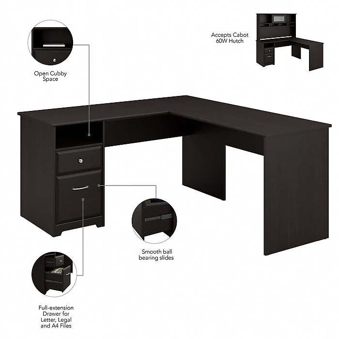 Bush Furniture Cabot 60W L-Shaped Computer Desk with Drawers, Espresso Oak (CAB044EPO) - Durable Laminate Workspace 3 Bush Furniture Cabot 60W L-Shaped Computer Desk with Drawers, Espresso Oak (CAB044EPO) - Durable Laminate Workspace - Image 3