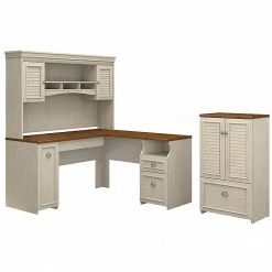 Bush Furniture Fairview 60W L-Shaped Desk with Hutch & Storage Cabinet in Antique White/Tea Maple - Stylish Laminate Office Furniture